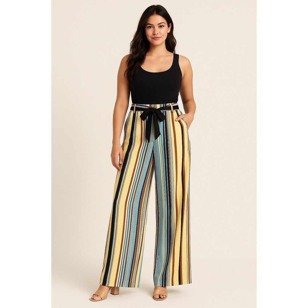 LENA GABRIELLE High Waist MultiColor Striped‎ Retro Pants Size 12 Wide Leg